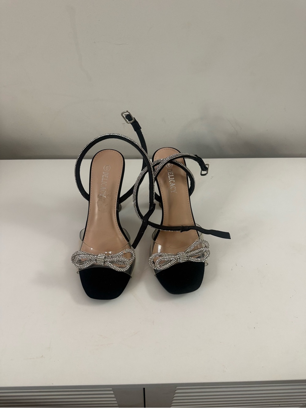 Elegant Black Crystal Bow Ankle-Strap Sandals